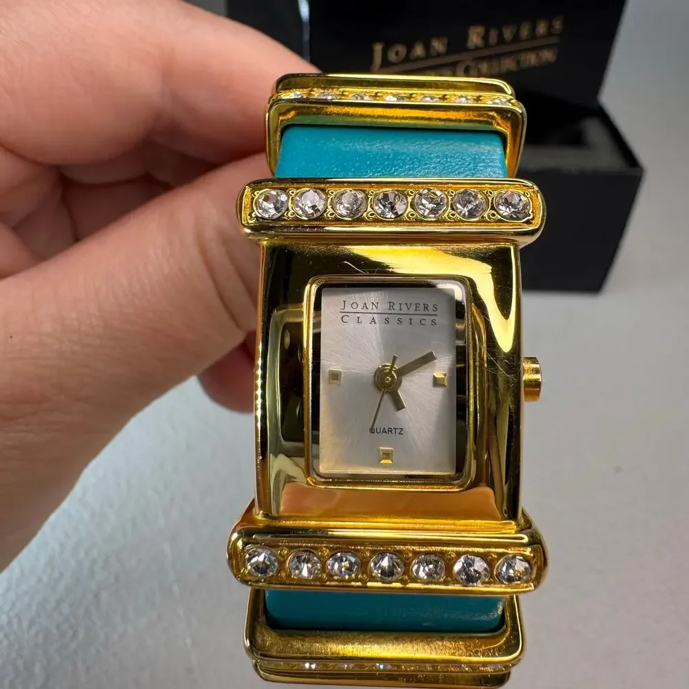 joan rivers classics turquoise leather crystal cuff watch gold tone quartz